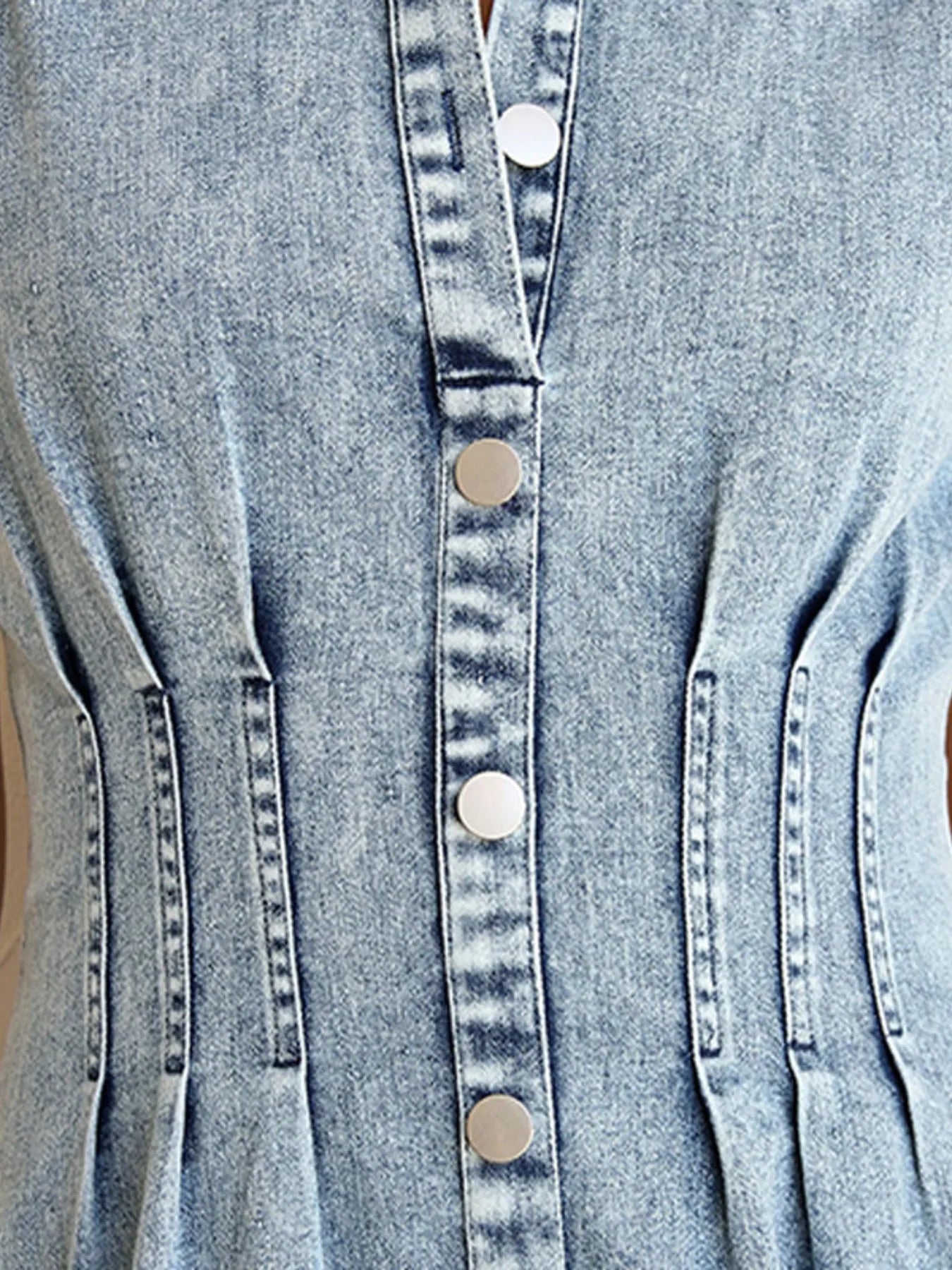 Puff Sleeve Button Front Denim Midi Dress 