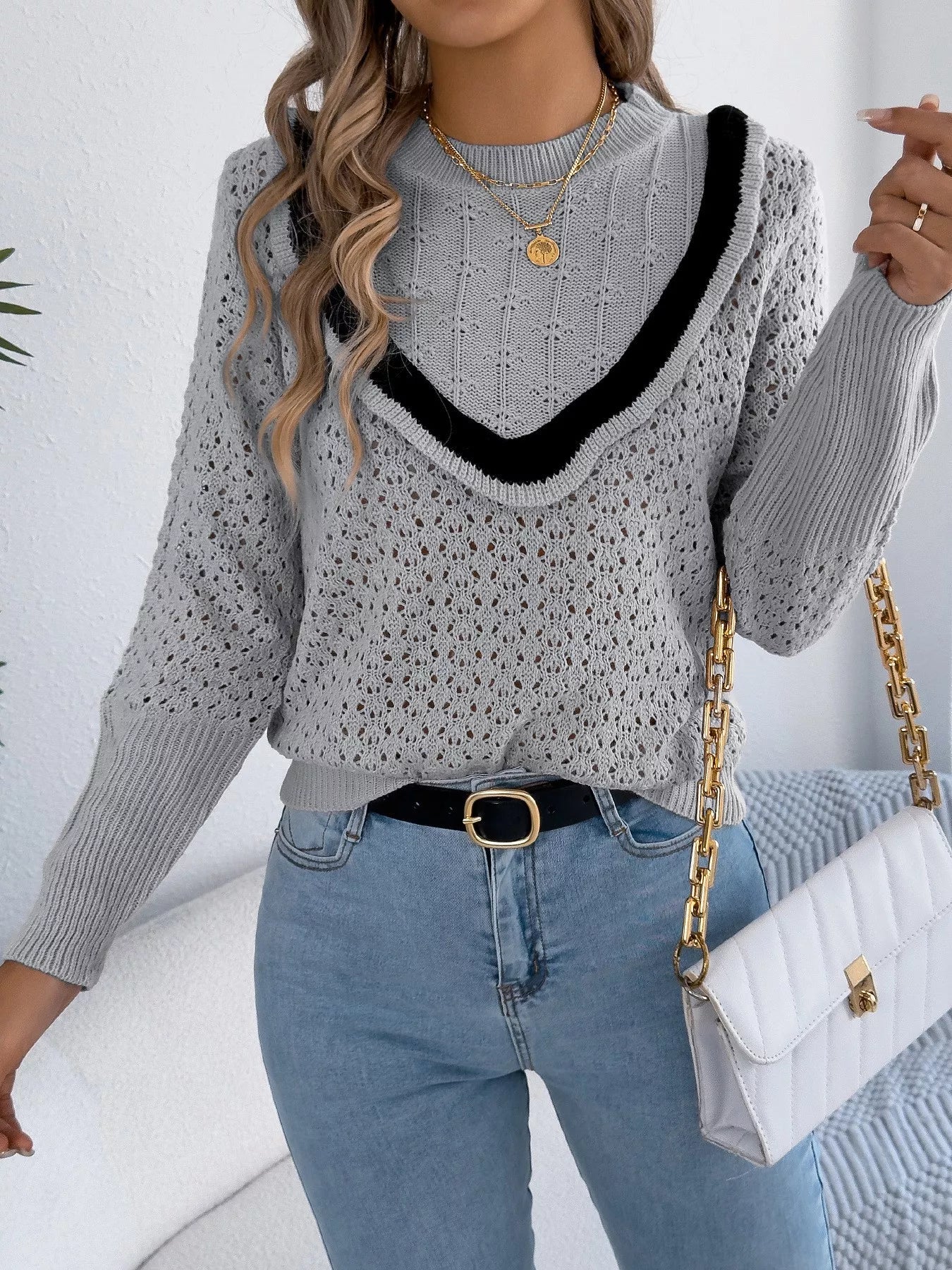 Hollow-Out Knit Top with Contrast Trim 