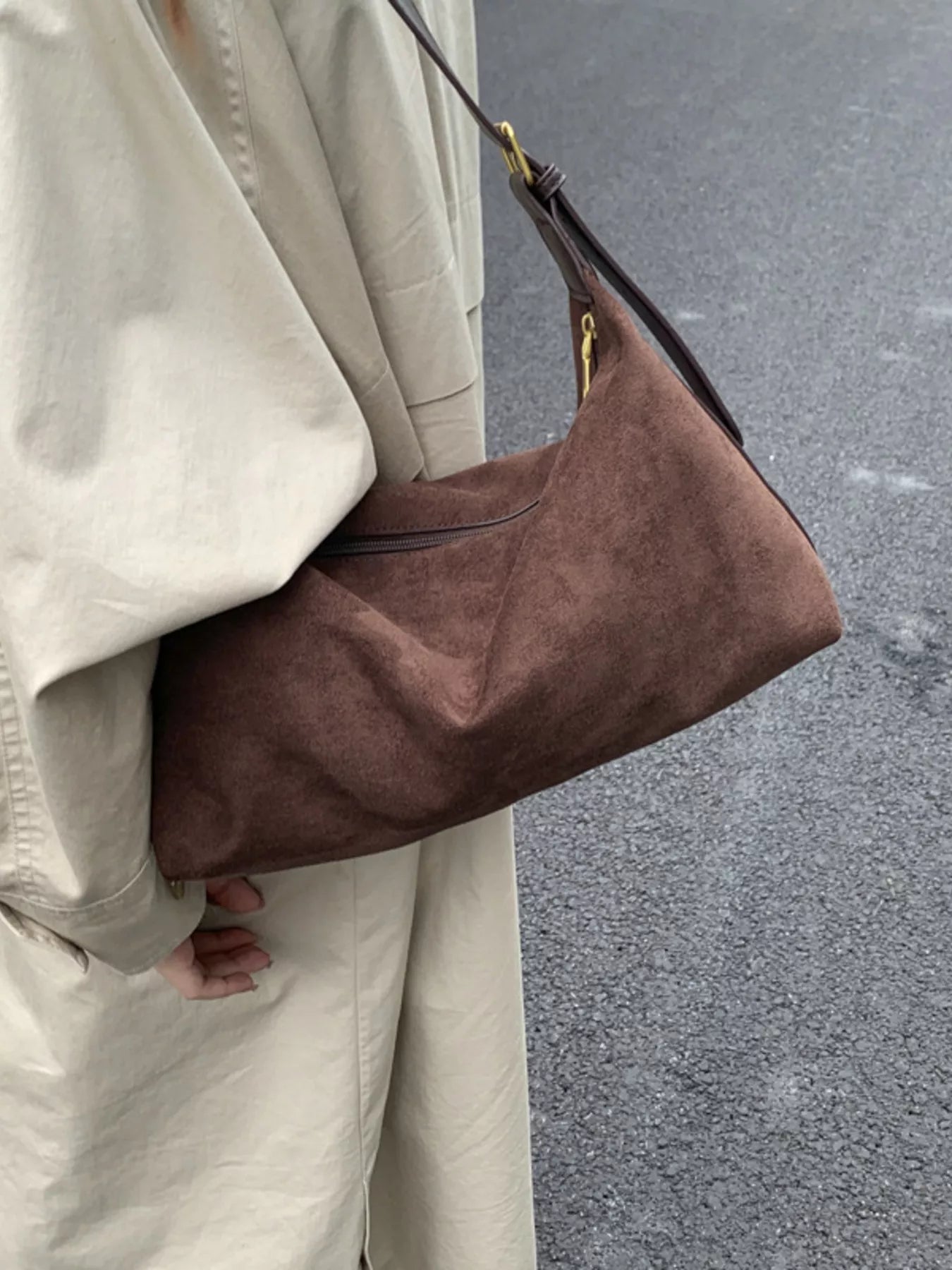 Solid Color Suede Hobo Crossbody Bag 