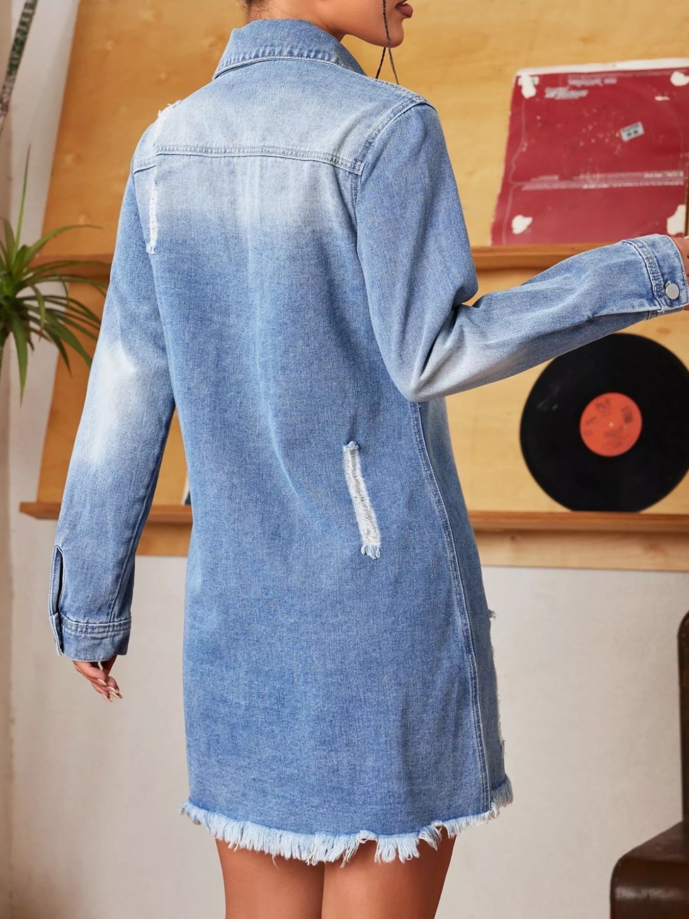Distressed Raw Hem Denim Mini Dress 