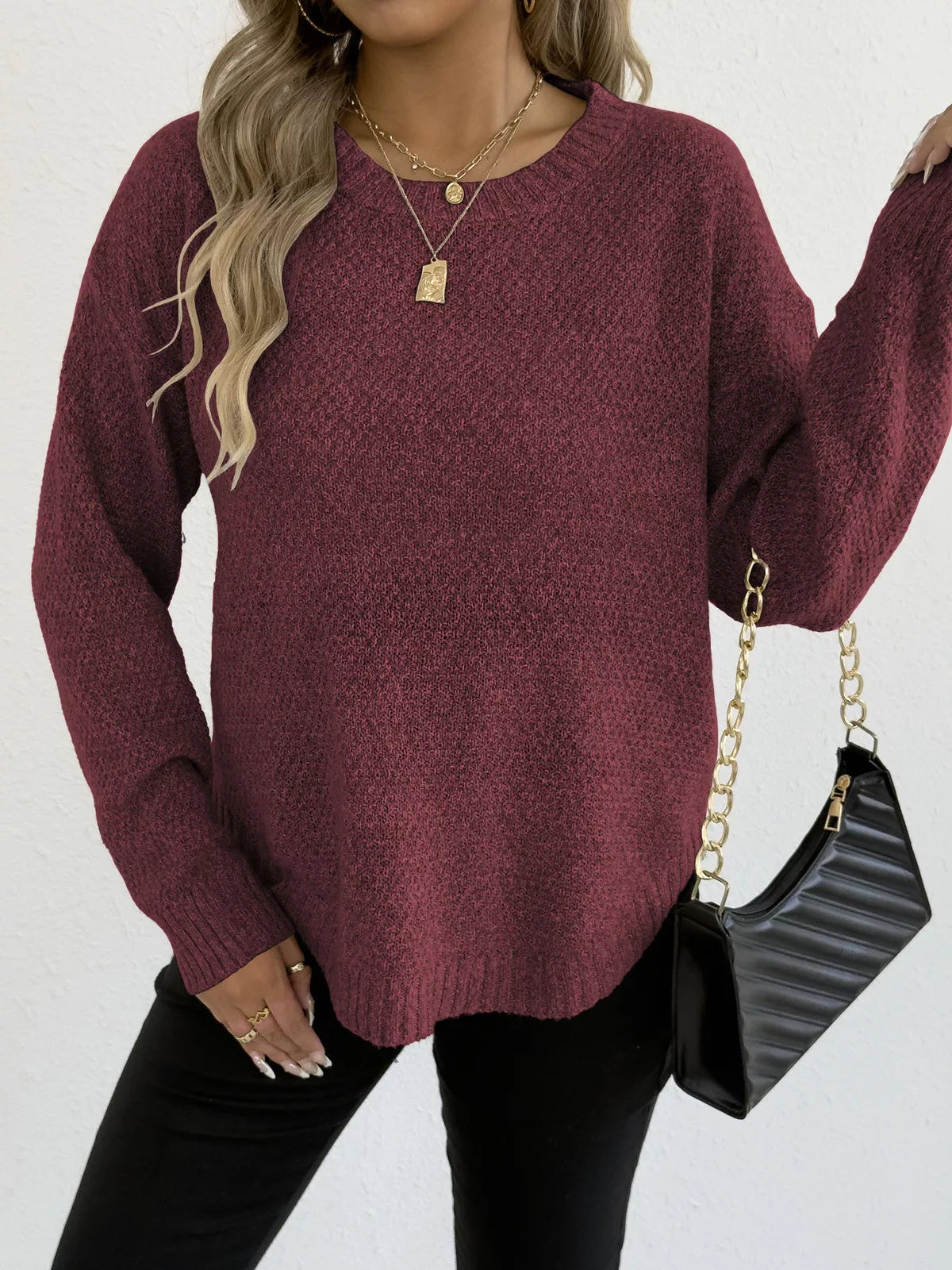 Textured Knit Relaxed Fit Round Neck Sweater 
