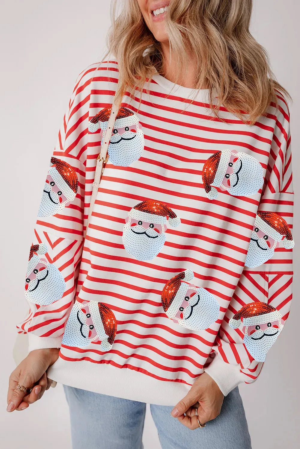 Sequin Santa Striped Round Neck Long Sleeve Sweatshirt 