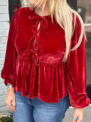 Plus Size Tie Front Velvet Peplum Blouse 
