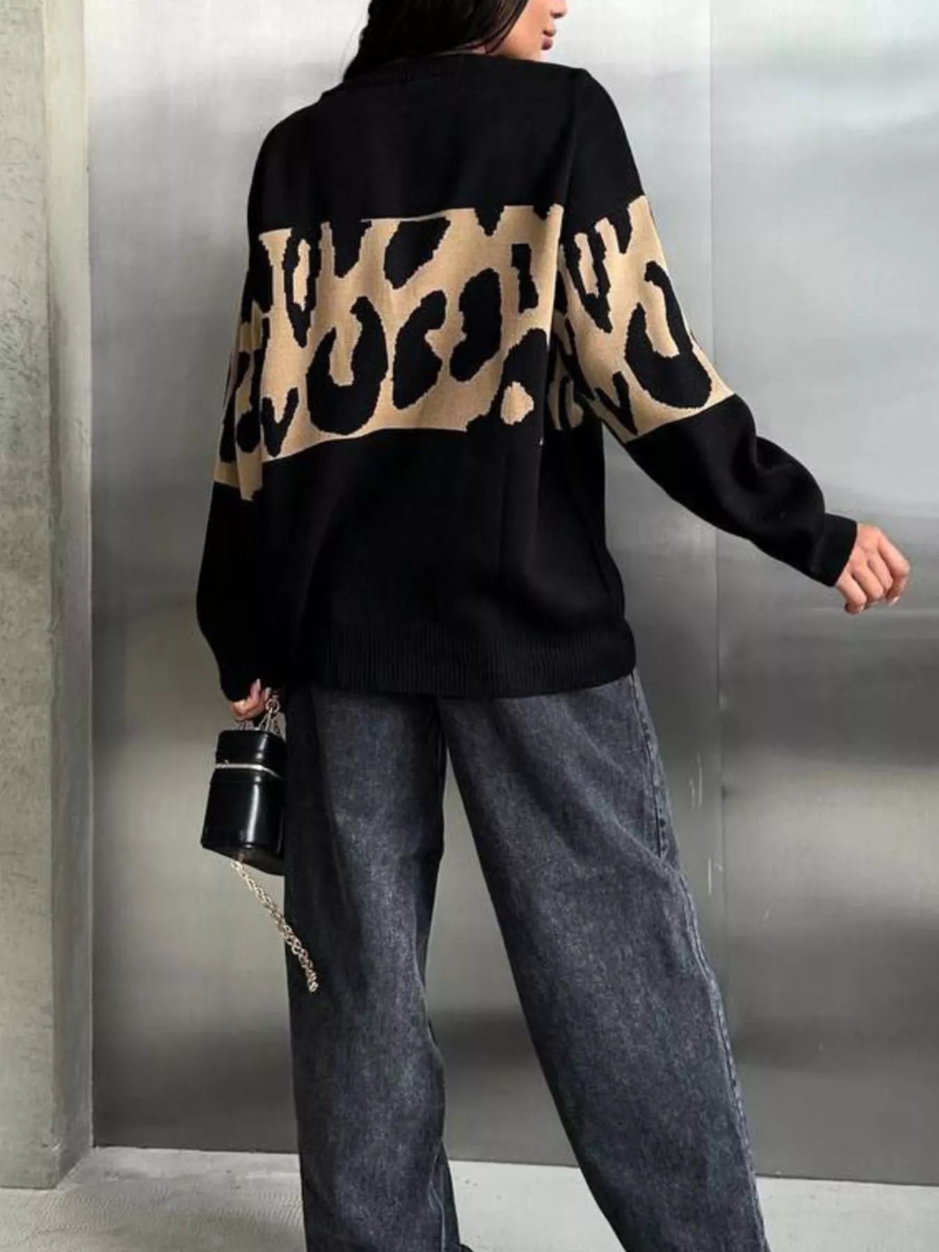 Leopard Color Block Round Neck Sweater 