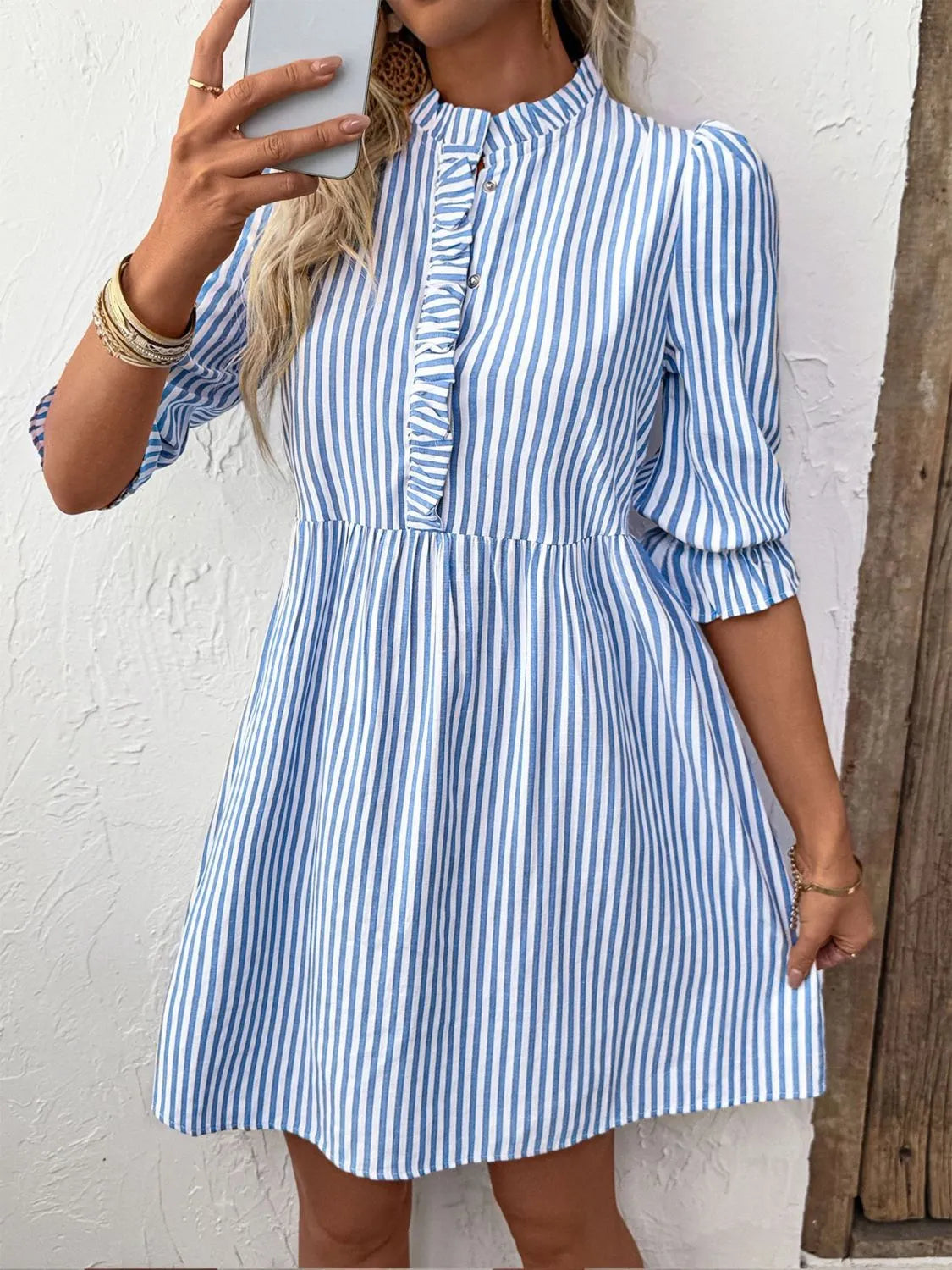 Striped Half Sleeve Mini Shirt Dress 