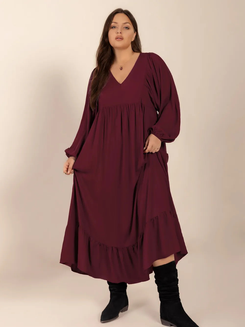 Plus Size Ruffled Hem V-Neck Balloon Sleeve Dress 