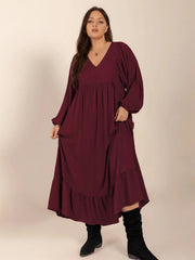 Plus Size Ruffled Hem V-Neck Balloon Sleeve Dress 