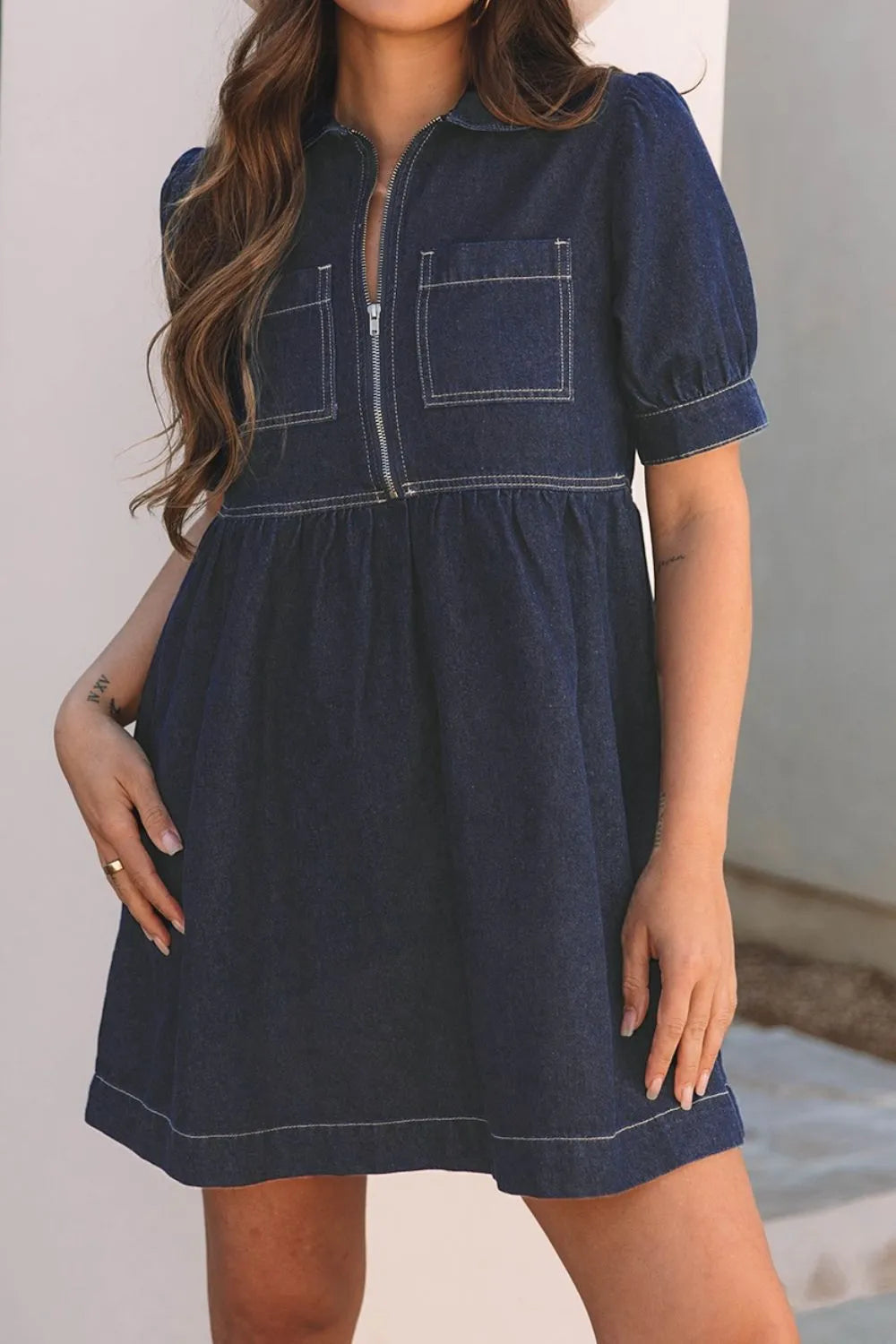 Collared Neck Half Zip Denim Dress 