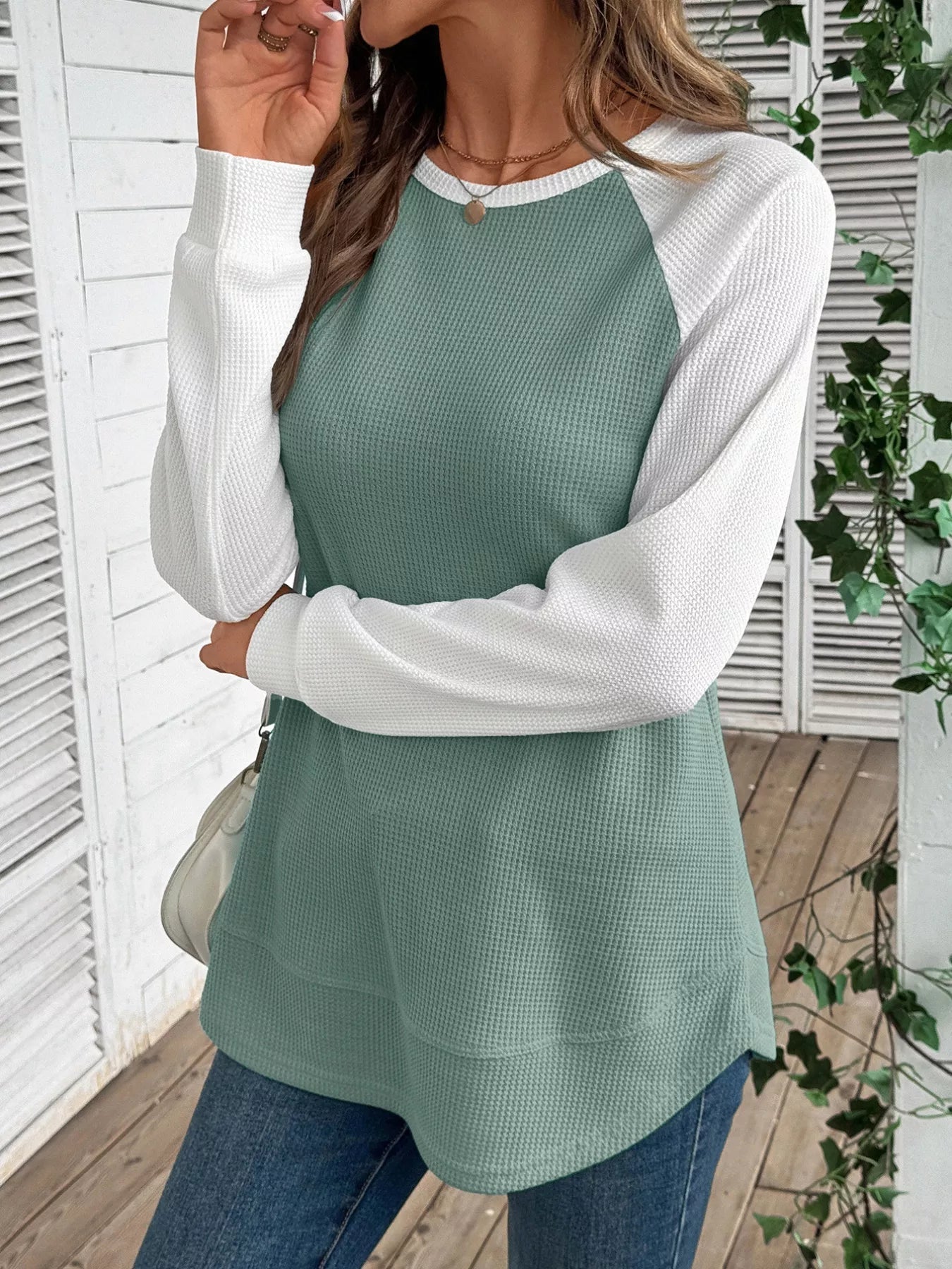 Contrast Raglan Sleeve Waffle Knit T-Shirt 