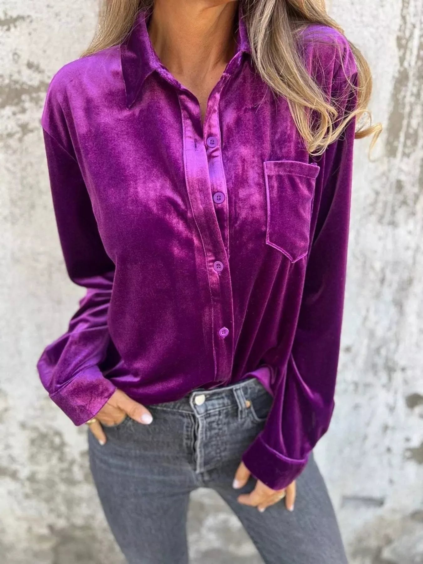 Full Size Velvet Button-Up Long Sleeve Shirt Plus Size 