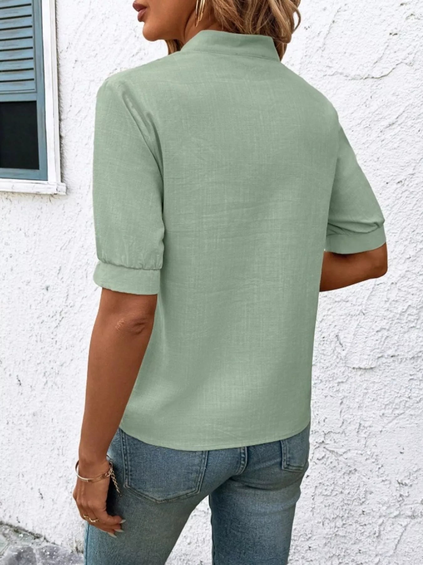 Embroidered Notched Short Sleeve Blouse 