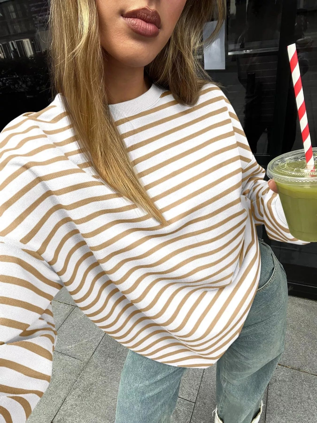 Striped Round Neck Oversized Casual Sweatshirt 