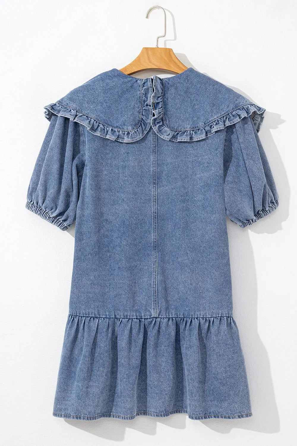 Ruffled Side Pockets Puff Sleeve Denim Mini Dress 
