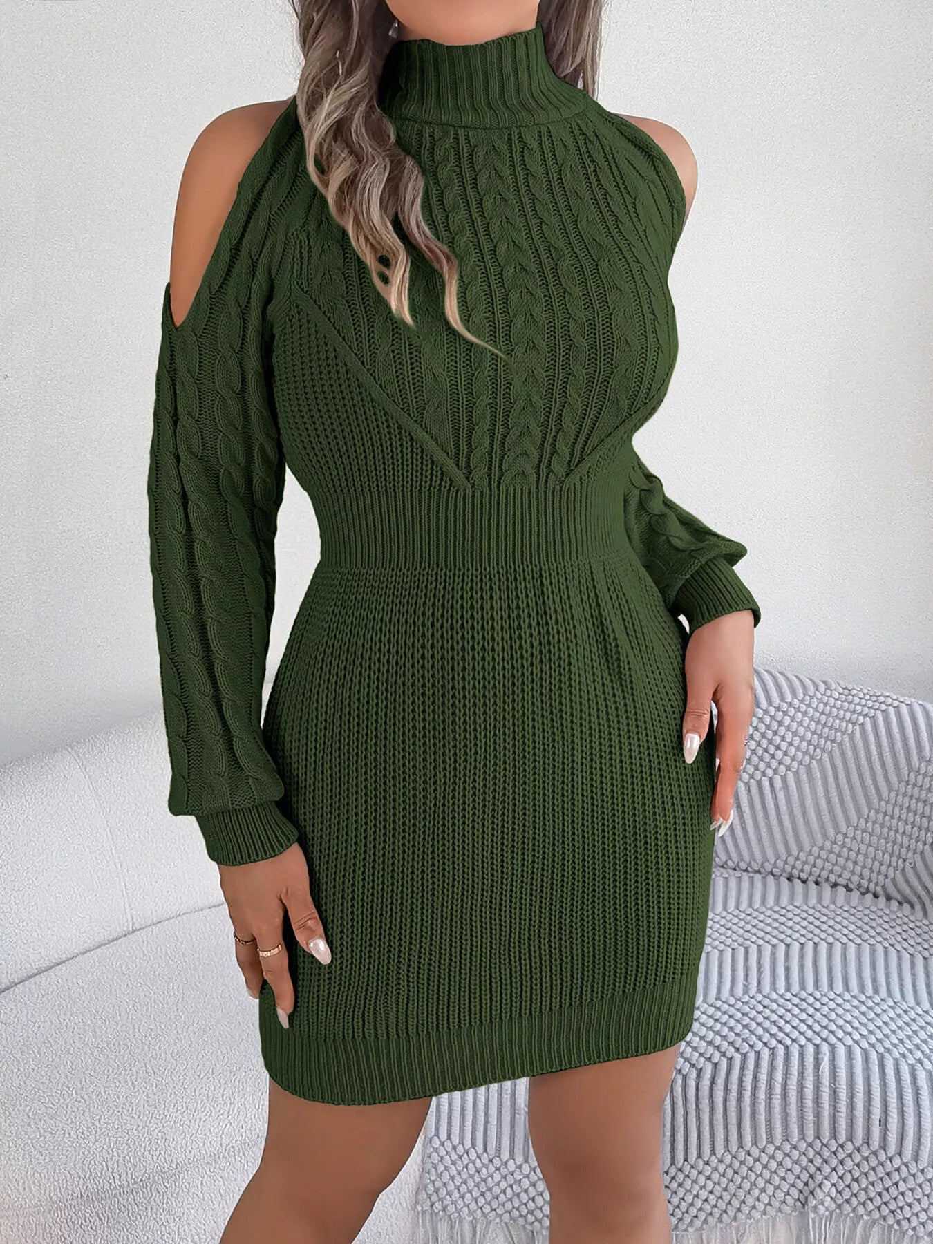 Cold Shoulder Cable Knit Turtleneck Sweater Dress 