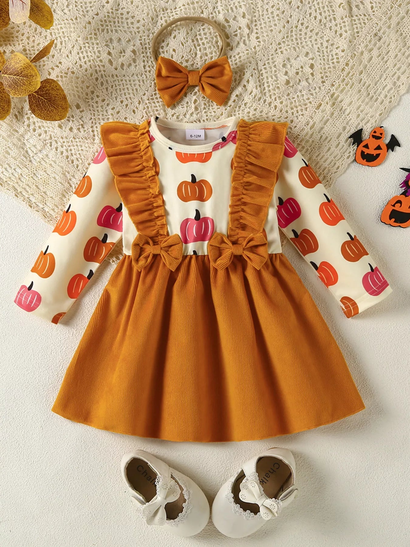 Children's Pumpkin Print Ruffle Dress with Bow Headband 
