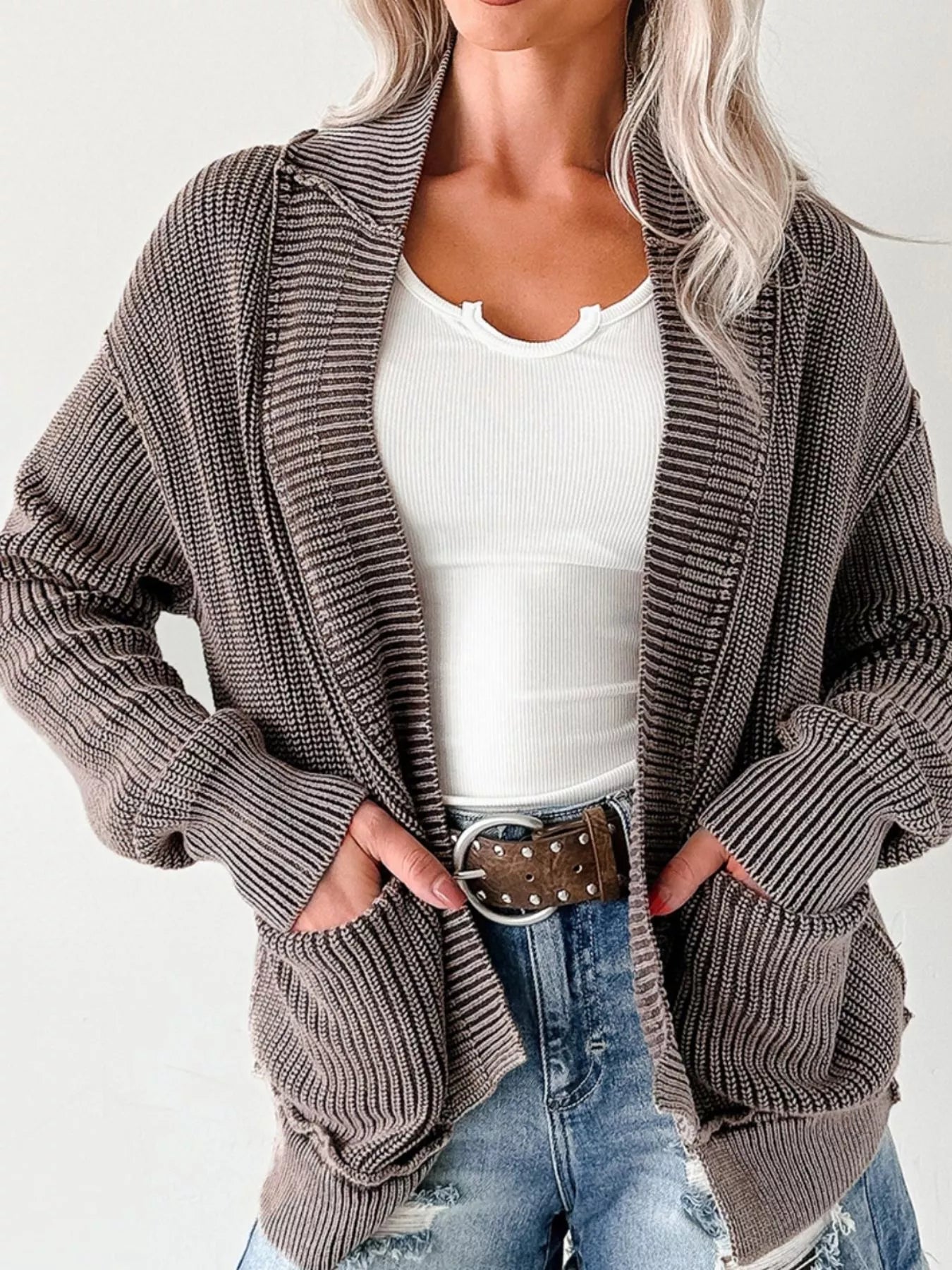 Mineral Wash Exposed Seam Patchwork Knit Open Sweater Cardigan 