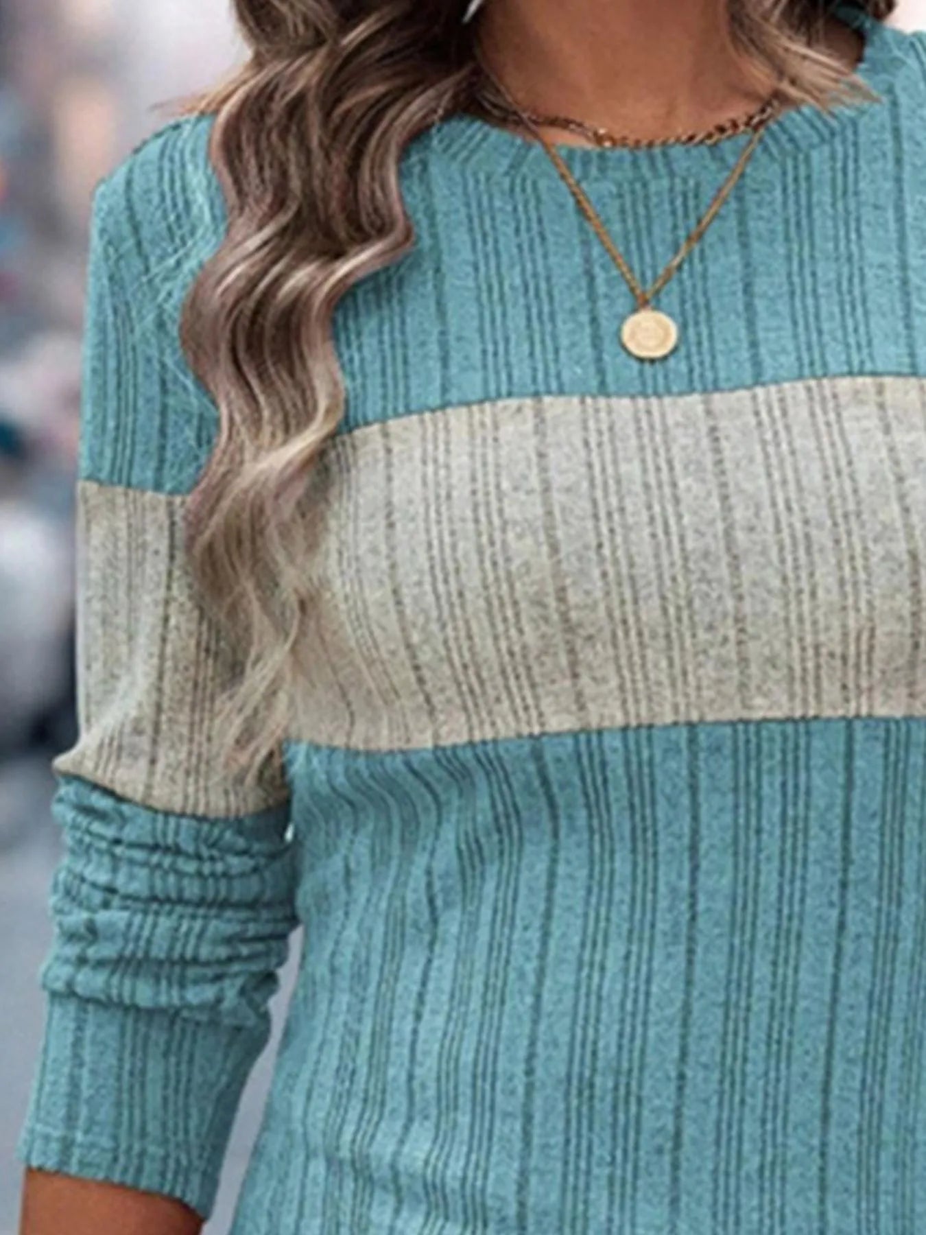 Color Block Round Neck Long Sleeve Sweater 