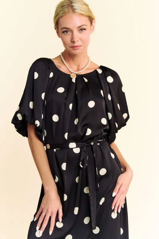 Davi & Dani Polka Dot Puff Sleeves Waist Tie Midi Dress 