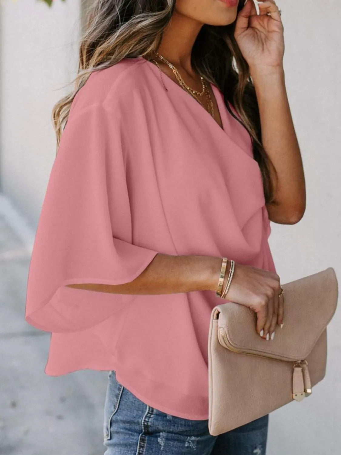 Full Size Ruched Three-Quarter Sleeve Blouse Plus Size 