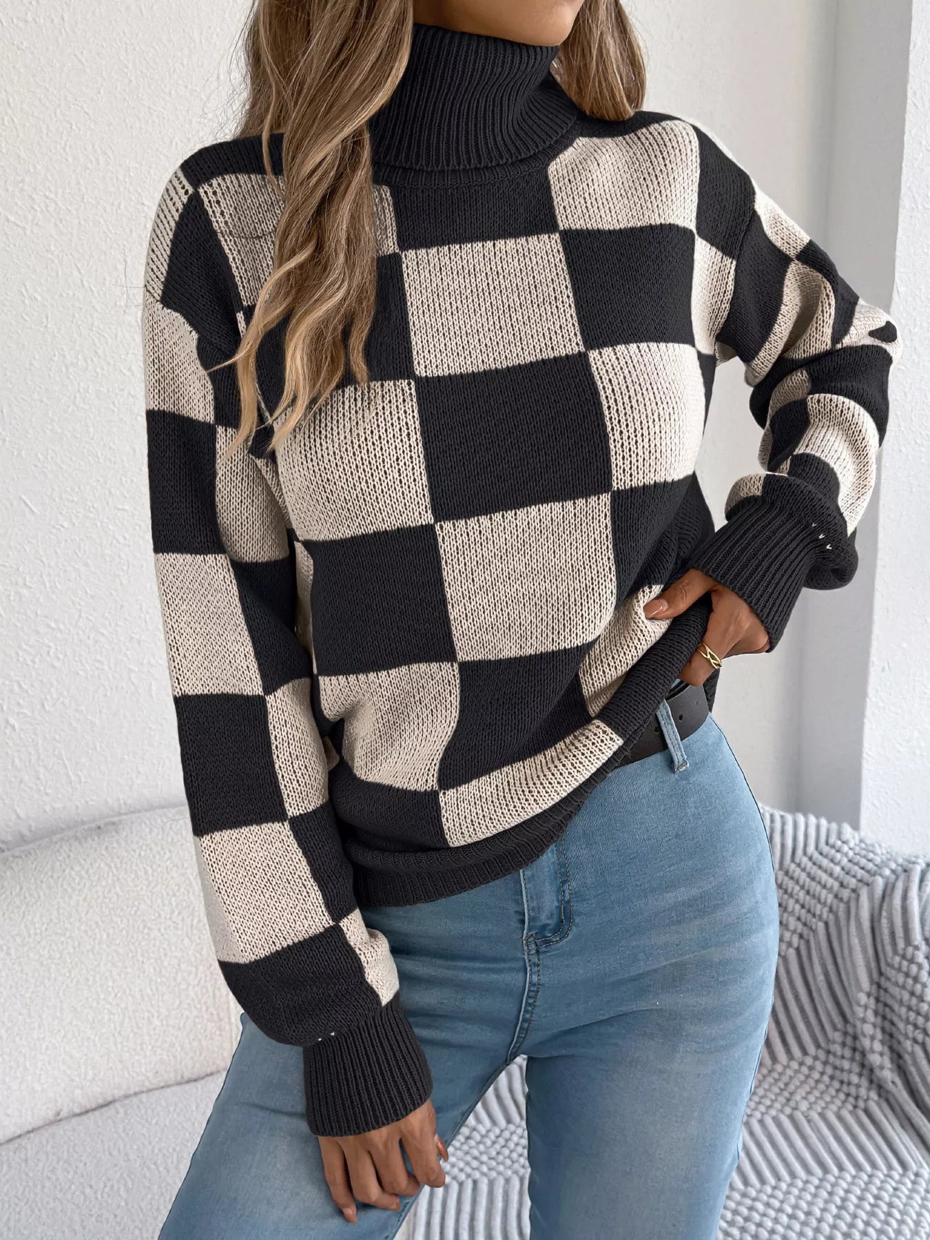 Checkered Turtleneck Long Sleeve Sweater 
