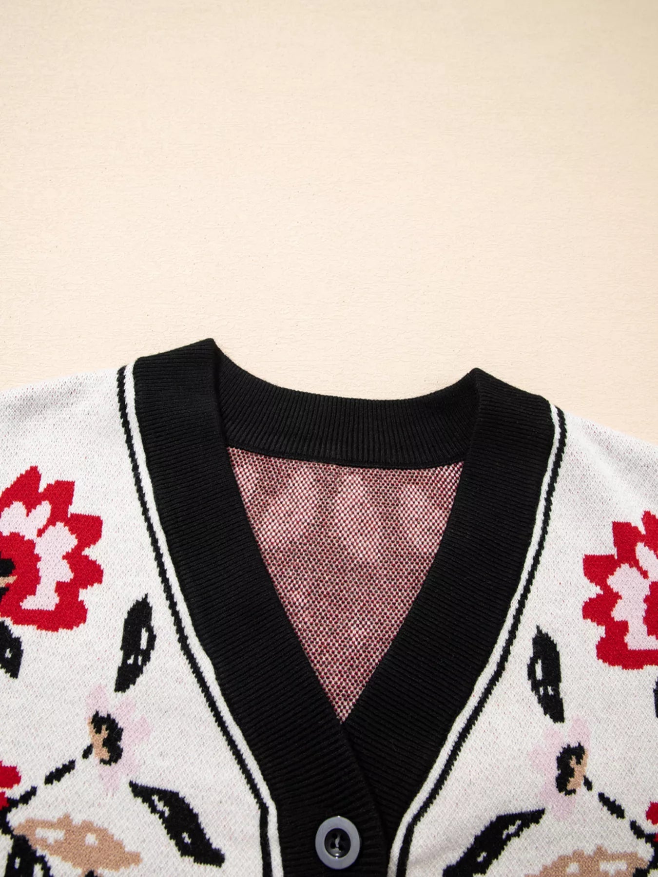 Floral Button Down Cardigan with Geometric Border 