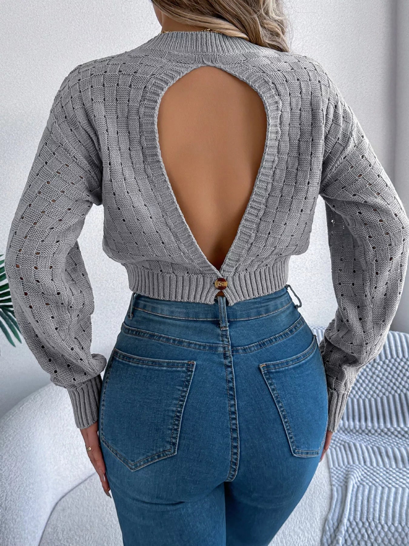 Cutout Back Openwork Round Neck Long Sleeve Sweater 