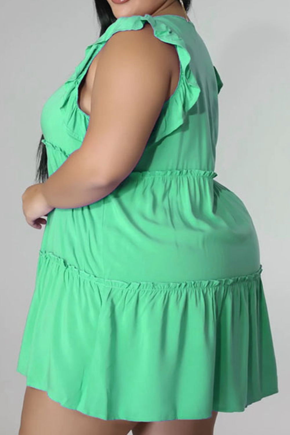 Plus Size V-Neck Frill Trim Mini Dress 