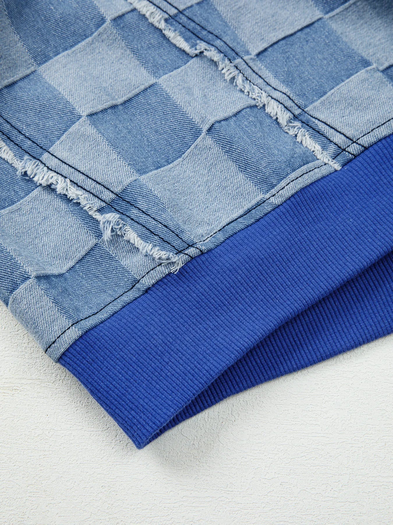 Checkerboard Splicing Raw Detail Oversized Denim Top 