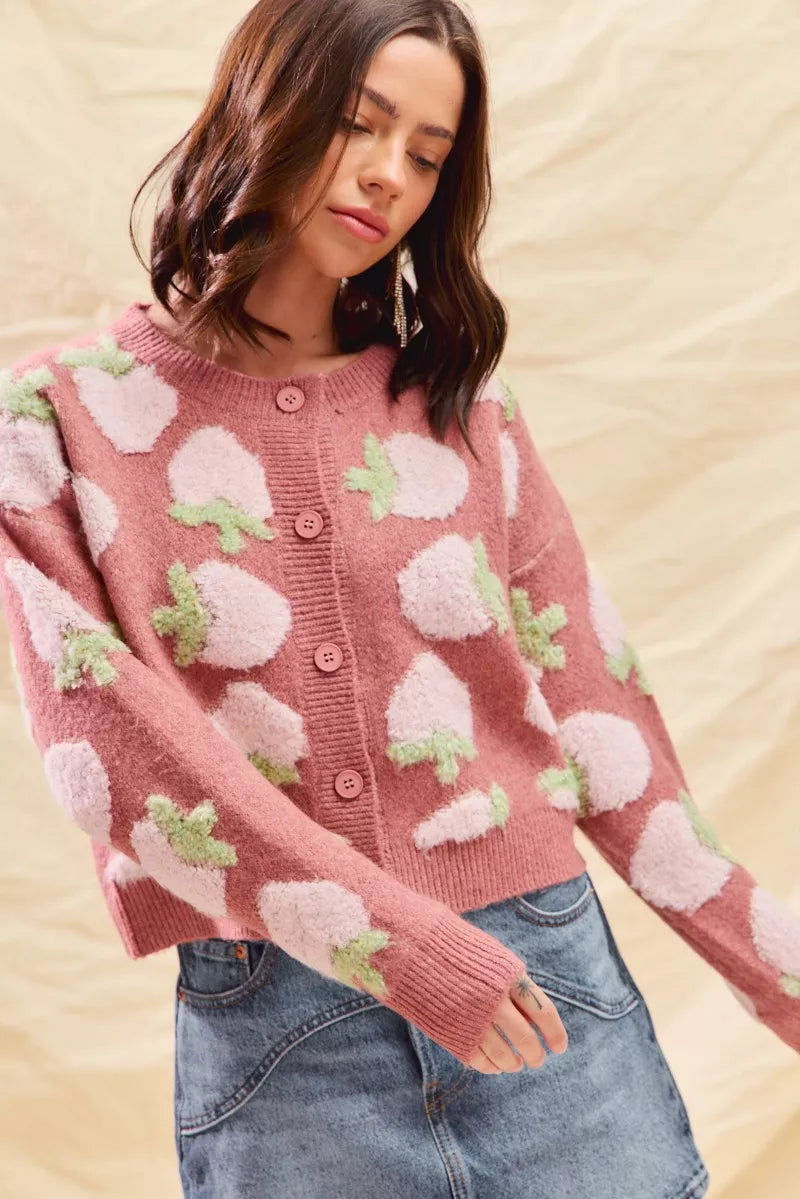 SO ME Strawberry Fruit All Over Button Sweater Cardigan 