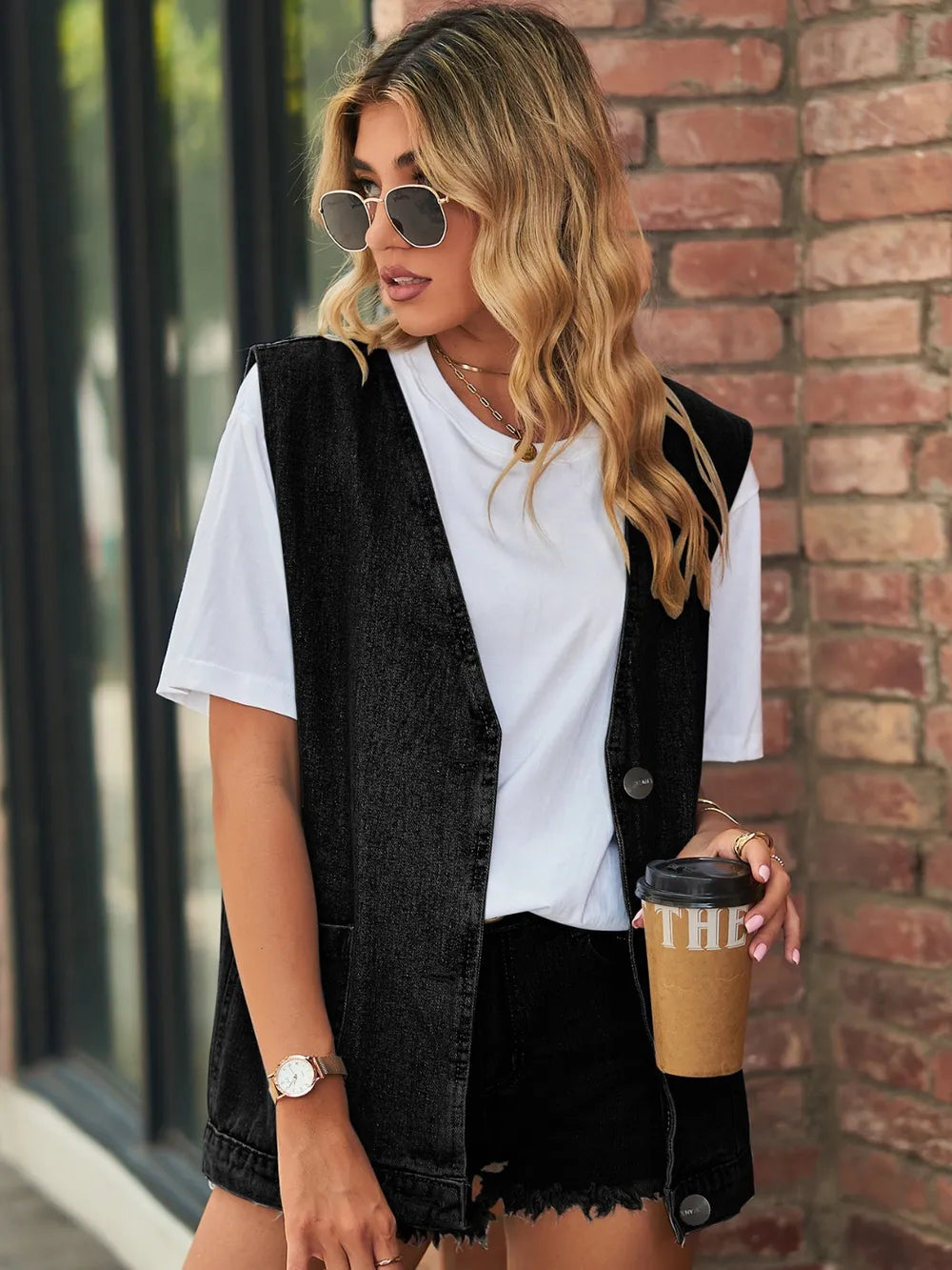 Full Size V-Neck Button Up Denim Vest 