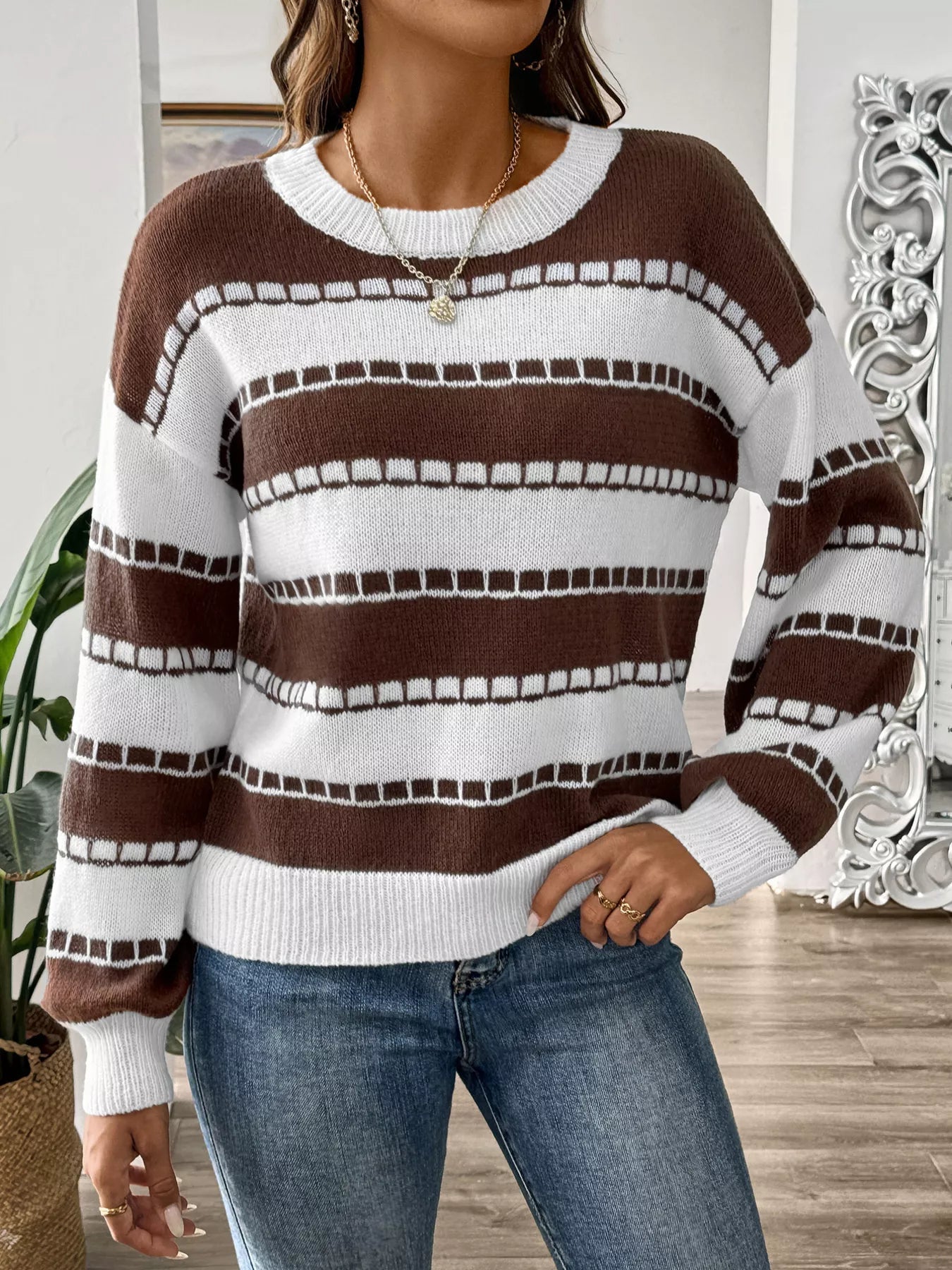 Striped Knit Dropped Shoulder Sweater 