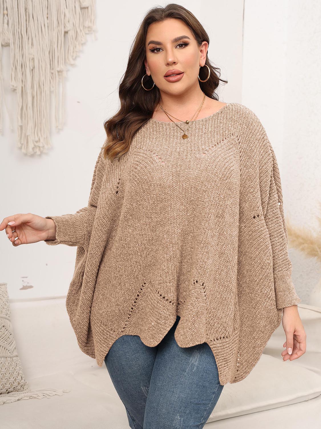 Plus Size Round Neck Batwing Sleeve Sweater 