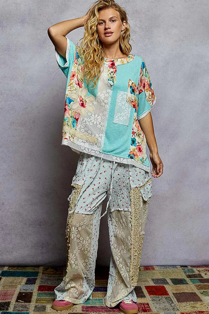POL Lace Round Neck Short Sleeve Floral Pattern Top with Patch Detail 