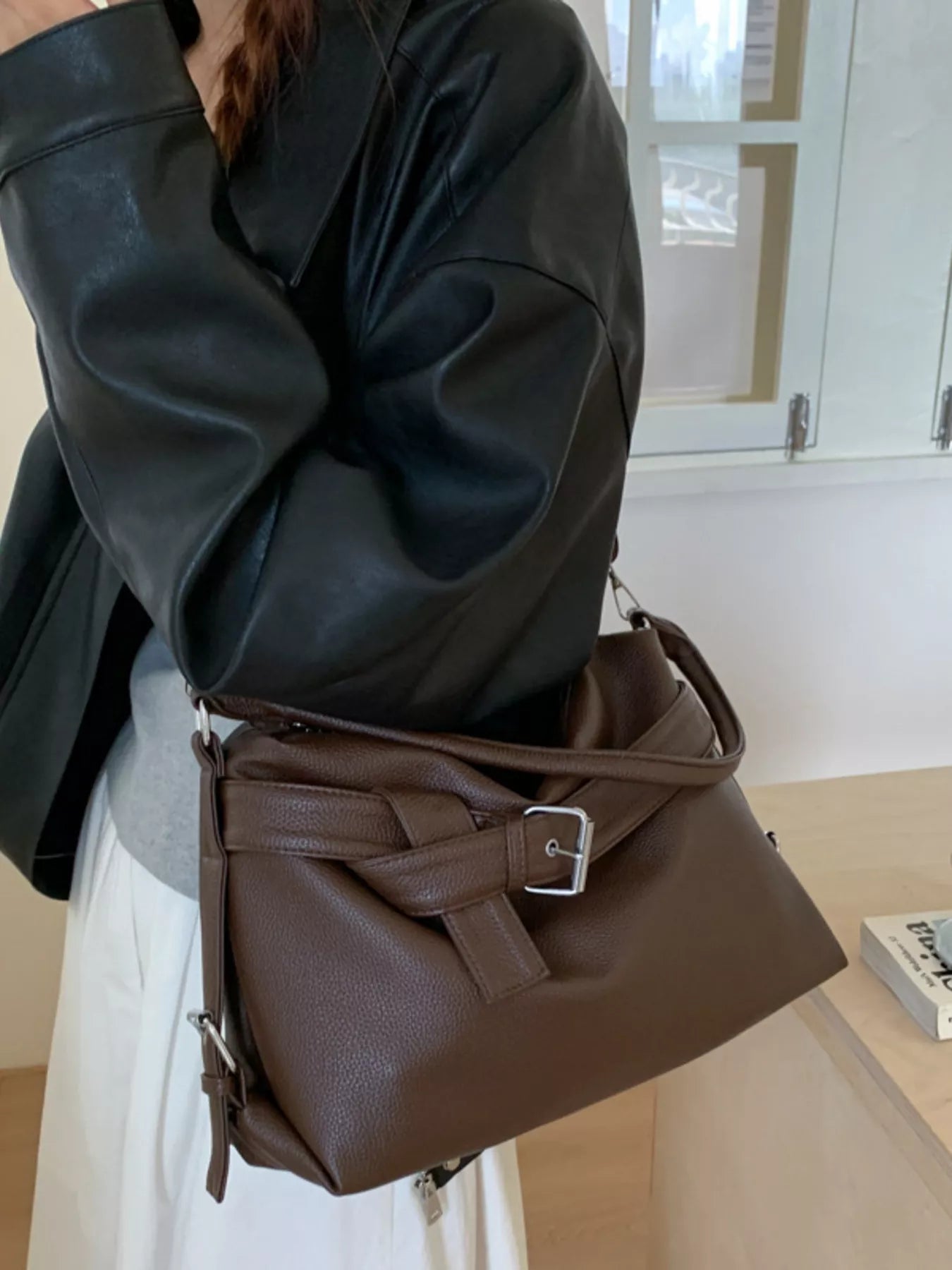 Decor Buckle Leather Shoulder Bag 