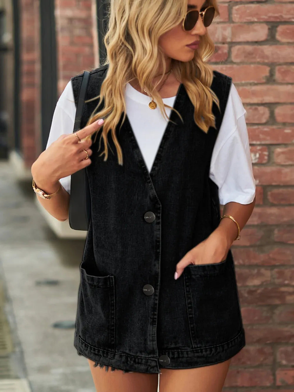 Full Size V-Neck Button Up Denim Vest 