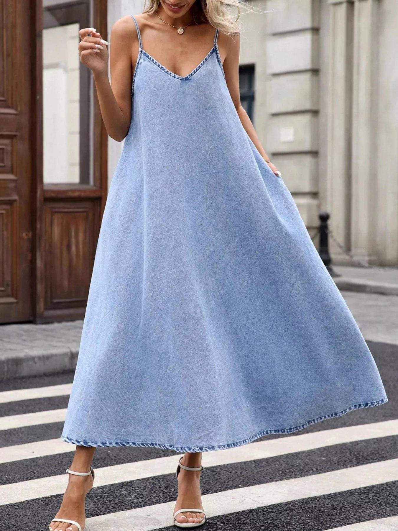 V-Neck Denim Cami Dress 