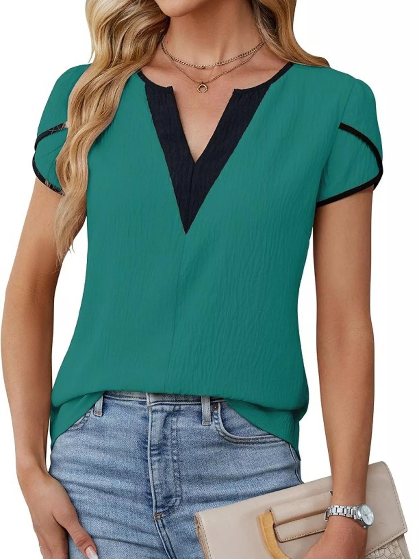 Notched Petal Sleeve Blouse 