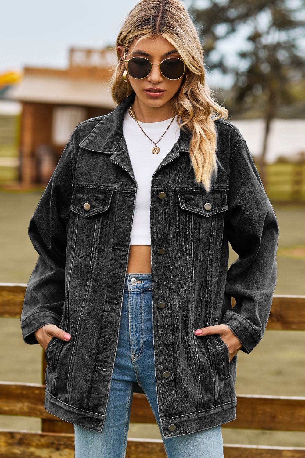 Buttoned Collared Neck Denim Jacket with Pockets 