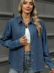 Button Down Collared Neck Long Sleeve Denim Top 