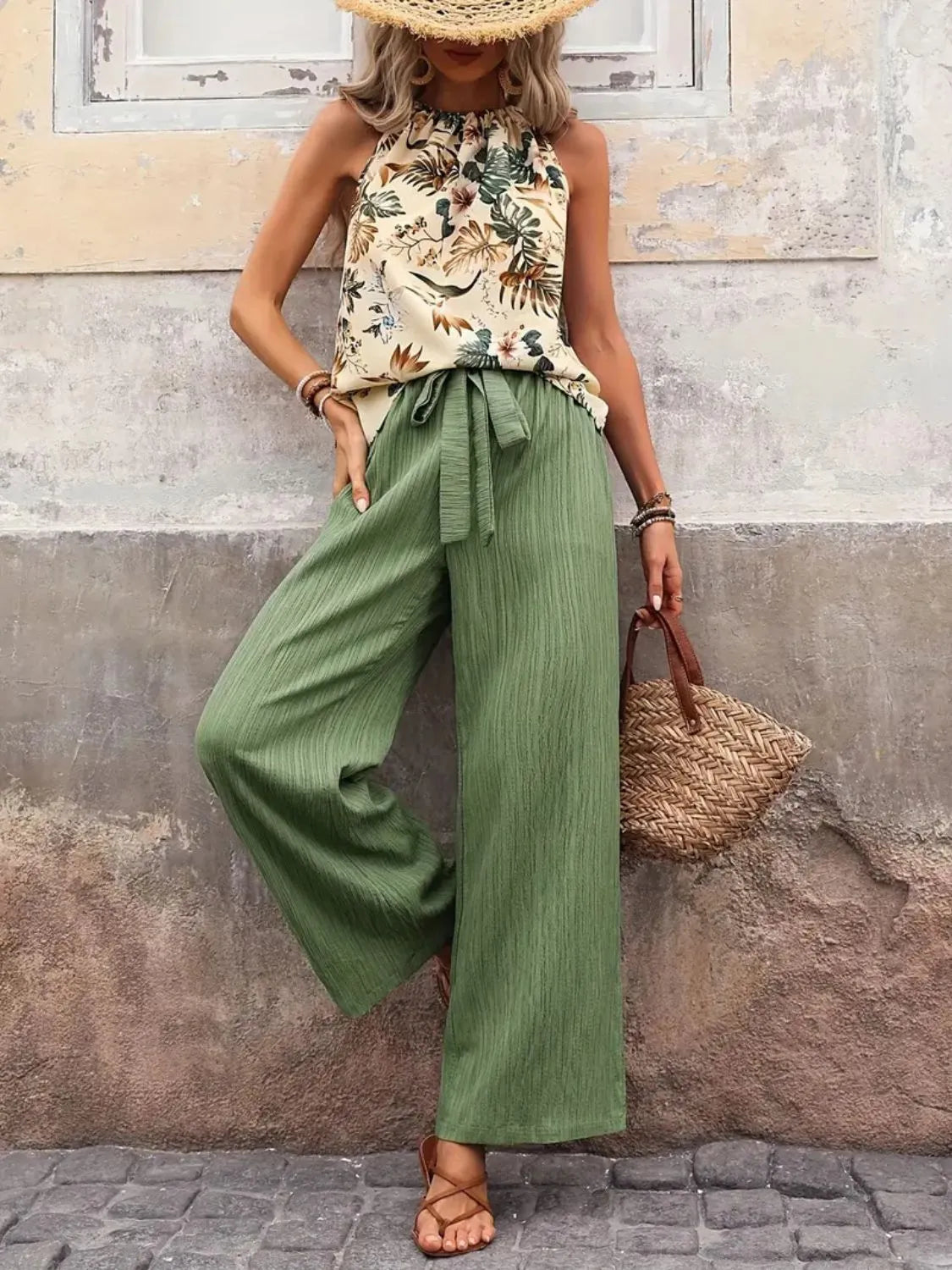 Printed Tank Top and Wide Leg Pants Set 