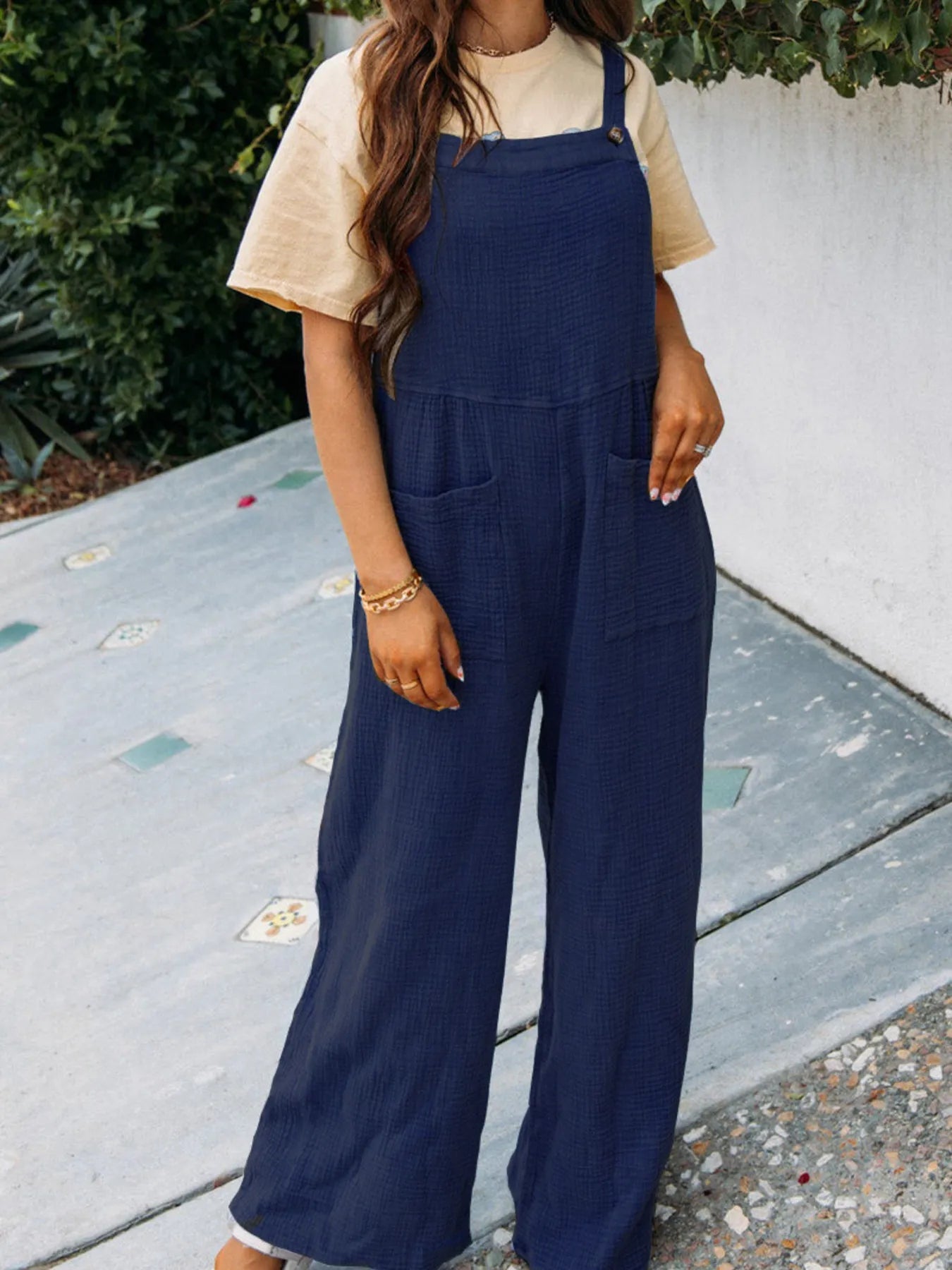 Full Size Casual Wide Leg Textured Overalls Plus Size 