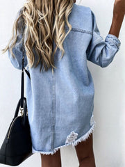 Raw Hem Collared Neck Long Sleeve Denim Jacket 