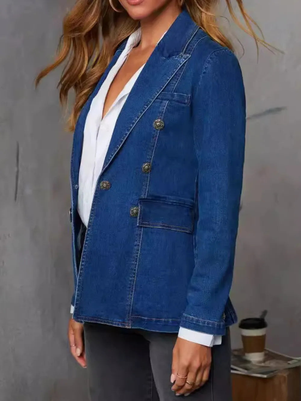 Collared Neck Long Sleeve Denim Jacket 