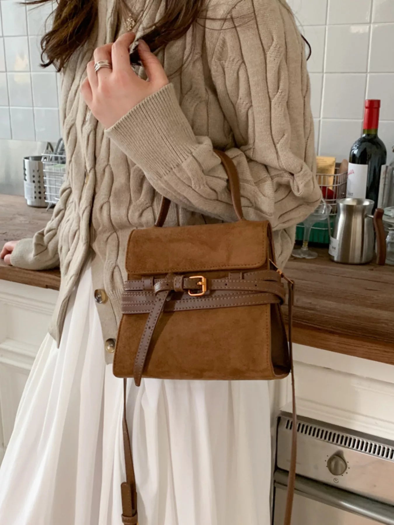 Suede Buckle Decor Crossbody Bag 