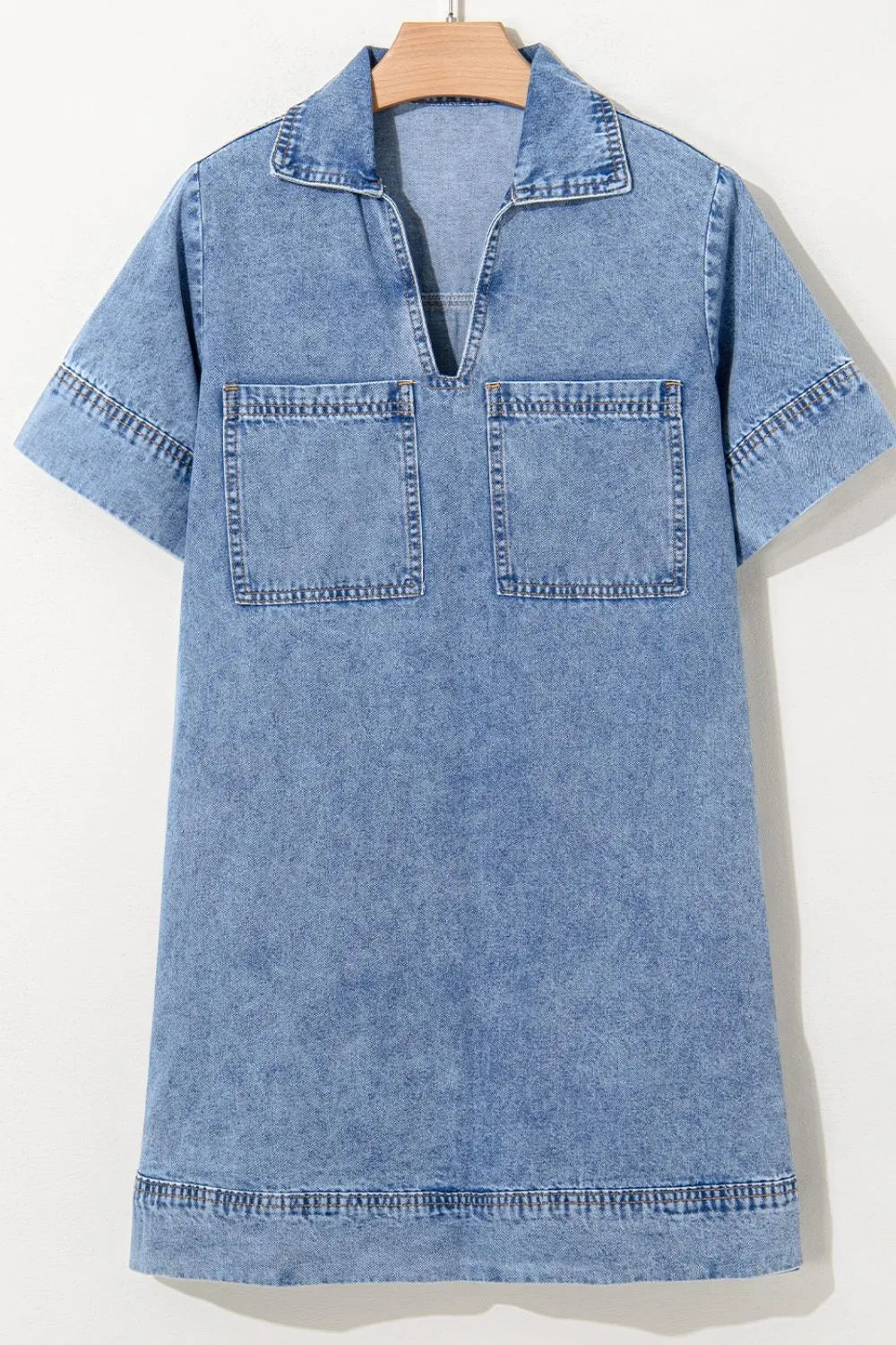 Short Sleeve Collared Patched Pocket Denim Mini Dress 