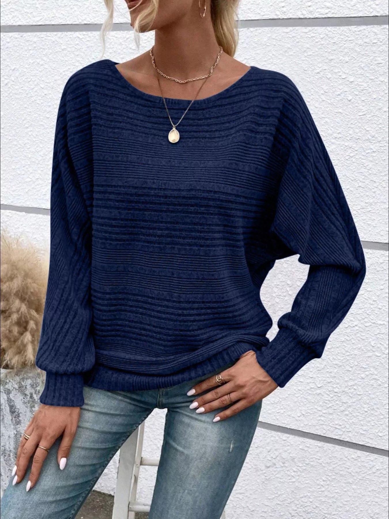 Ribbed Round Neck Long Sleeve Top 