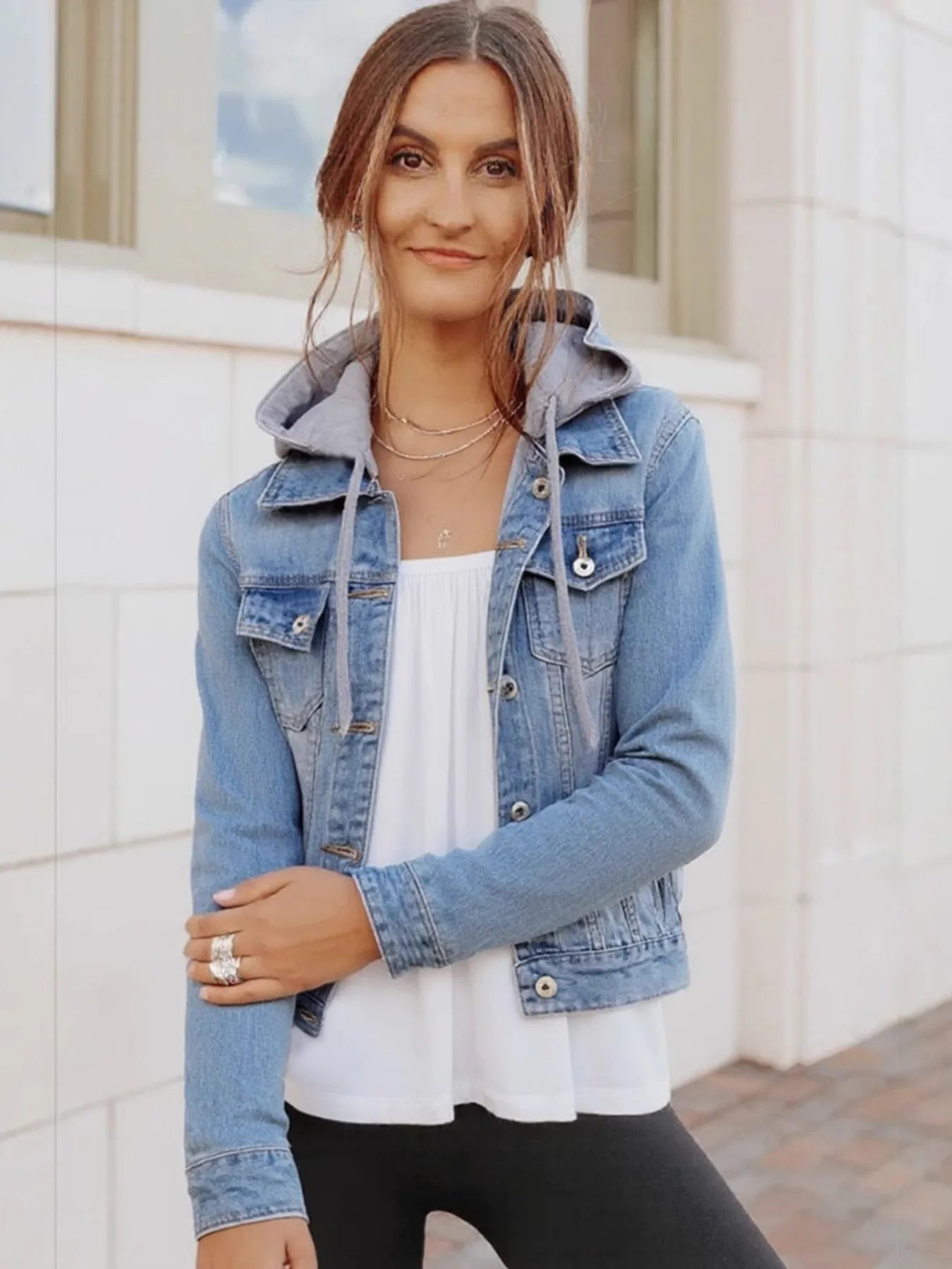 Full Size Button Up Drawstring Hooded Denim Jacket Plus Size 