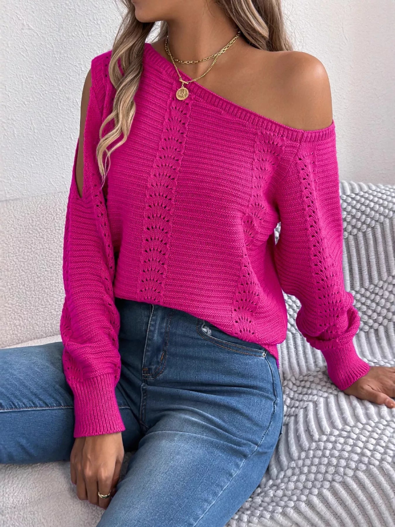 Openwork One Shoulder Cutout Long Sleeve Sweater 