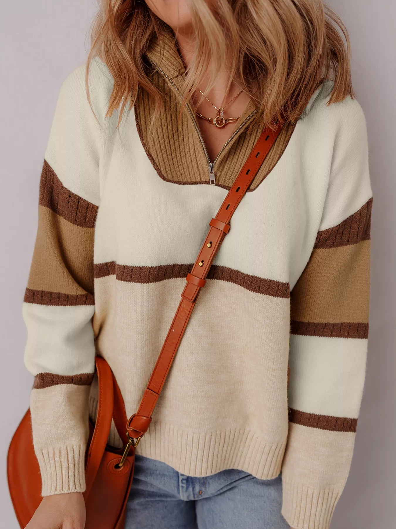 Color Block Zipped Collared Sweater 