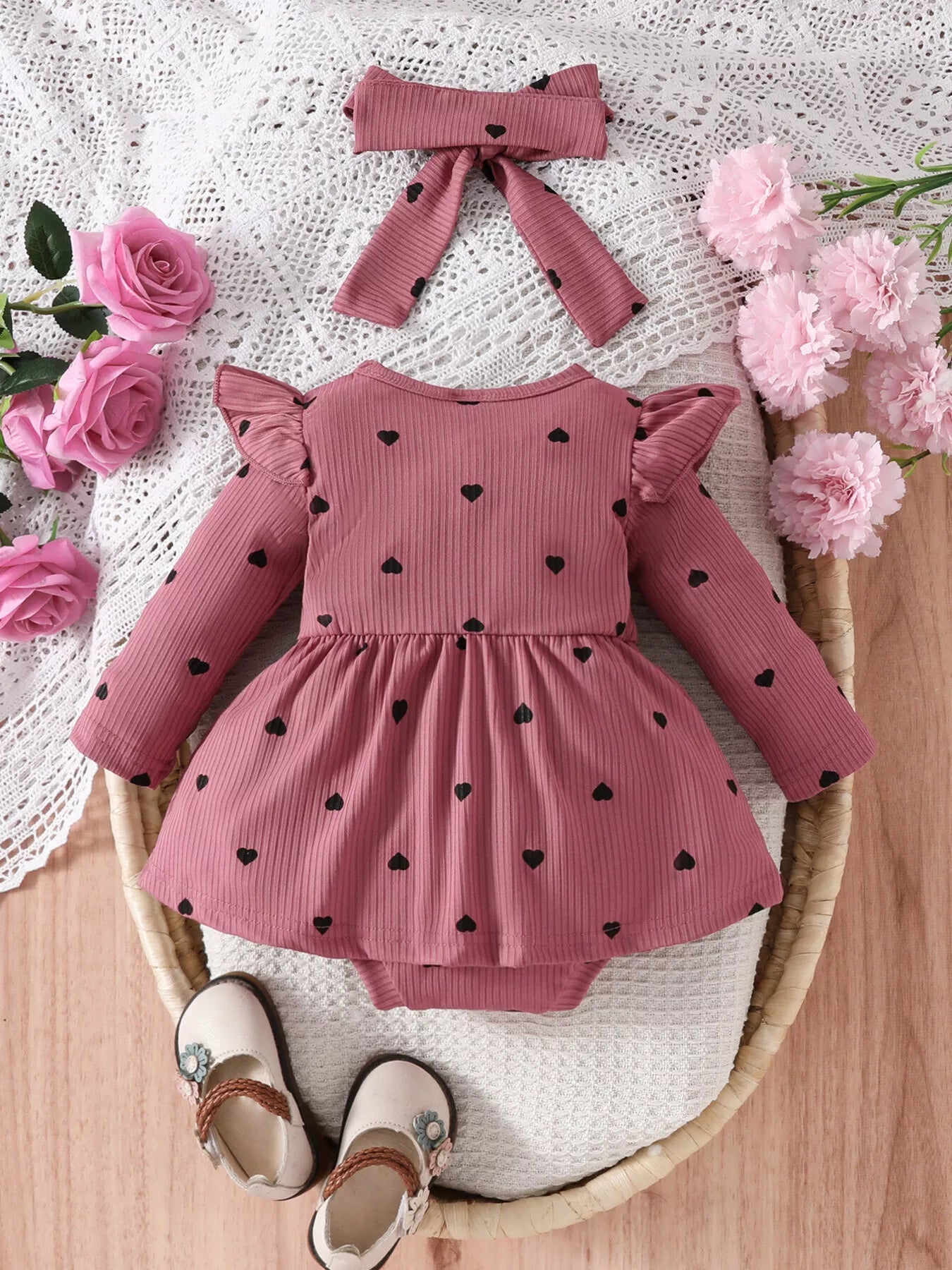 Children's Heart Print Ruffle Trim Bodysuit Dress with Headband 
